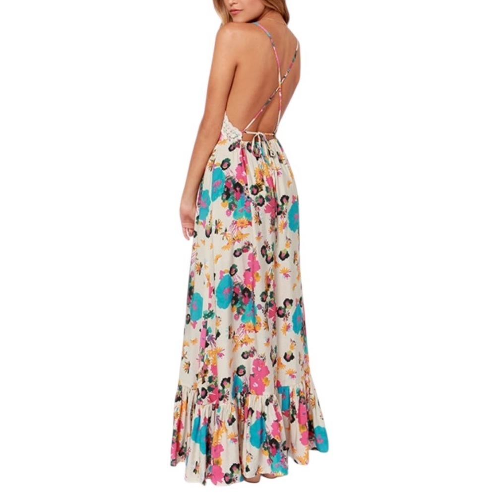 Meghan LA Floral Summer Maxi Dress Strappy Backless Lace Trim Boho Size Small - Picture 2 of 10